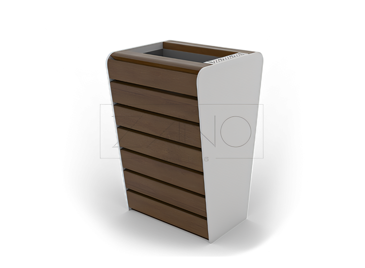 Roskakori, jossa on pehme&auml; tuhkakuppi, ruostumatonta ter&auml;st&auml; ja kuusipuuta.