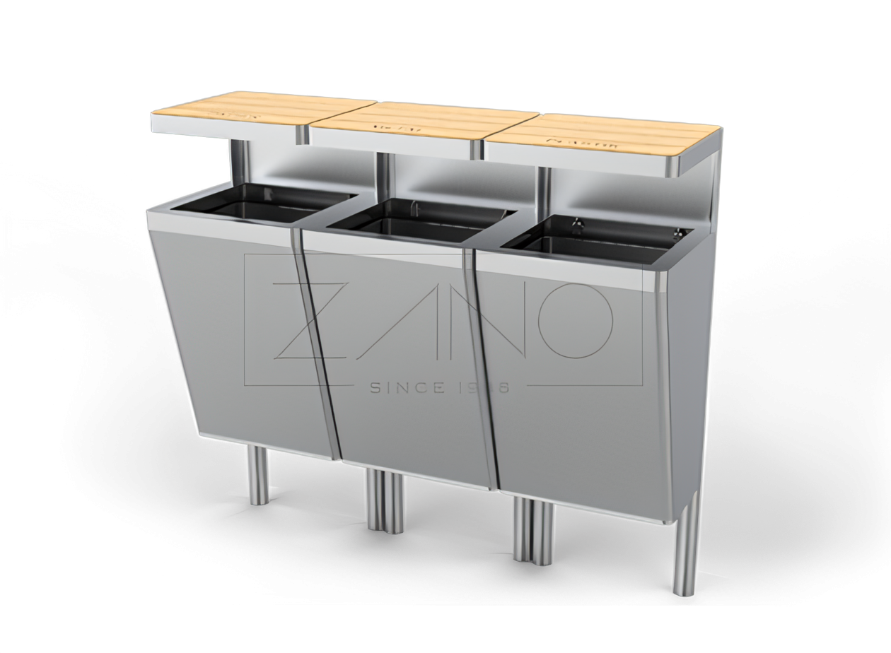 Kunnallinen, puistomainen, ruostumattomasta ter&auml;ksest&auml; valmistettu j&auml;teastia erillisj&auml;tett&auml; varten.