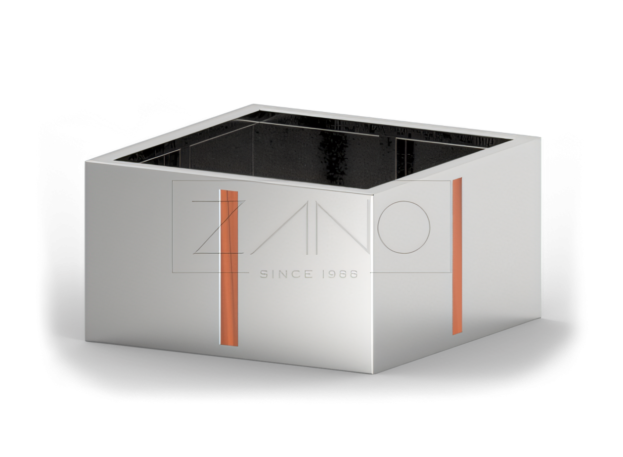 Tyylik&auml;s ruostumattomasta ter&auml;ksest&auml; valmistettu urbaani ruukku ZANO urbaanista kalustemallistosta.