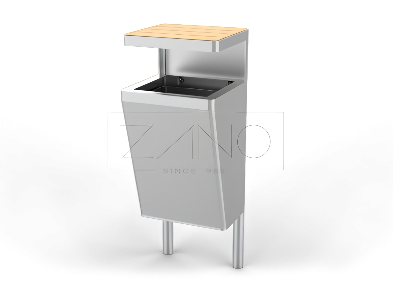 Ruostumattomasta ter&auml;ksest&auml; ja puusta valmistettu katoksella varustettu kaupunkikori. Tyylik&auml;s, trendik&auml;s, moderni muotoilu