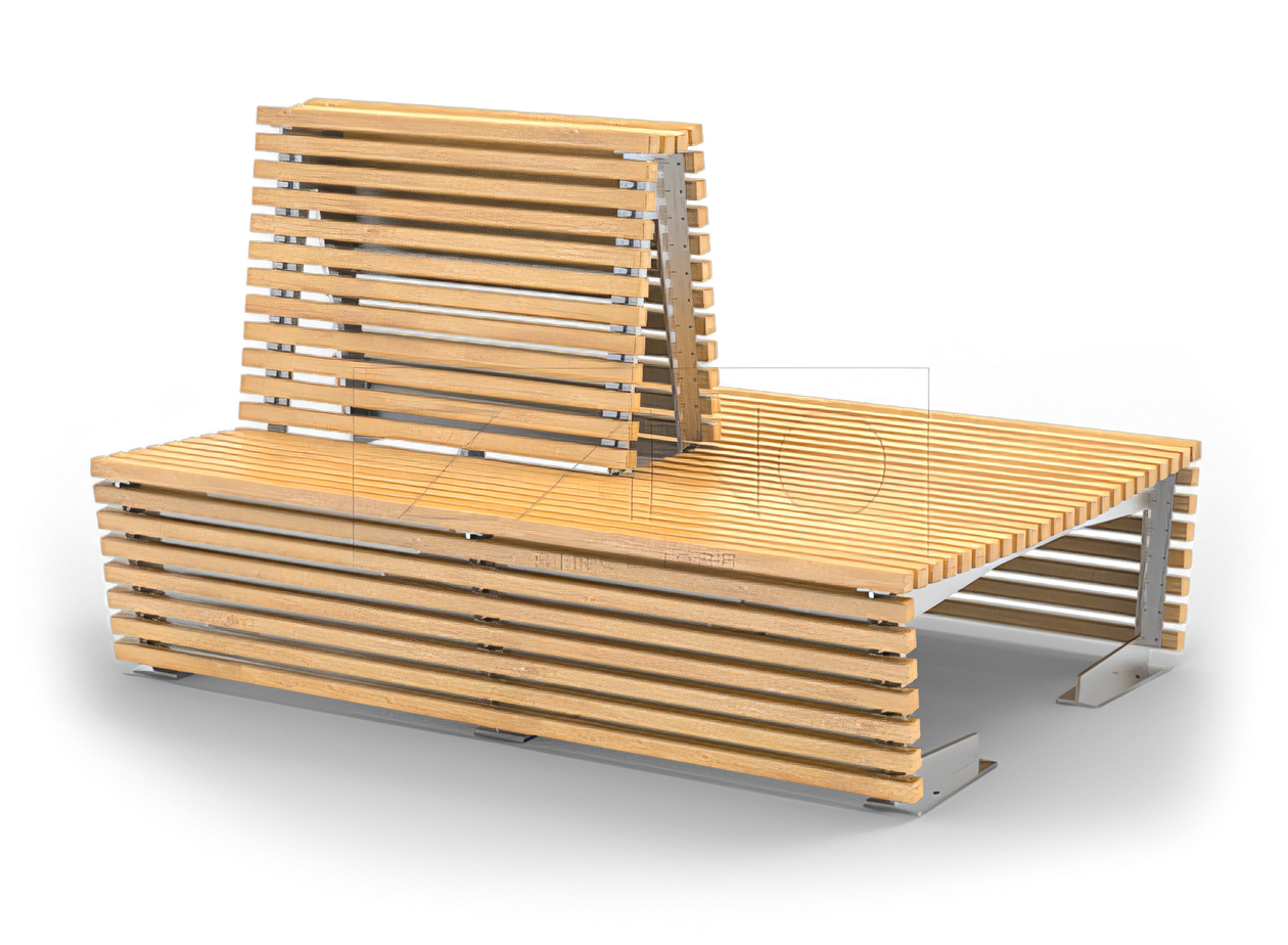 Modulaarinen penkki selkänojalla, joka on valmistettu ruostumattomasta teräksestä ja kuusipuusta. Sisä- ja ulkopenkit