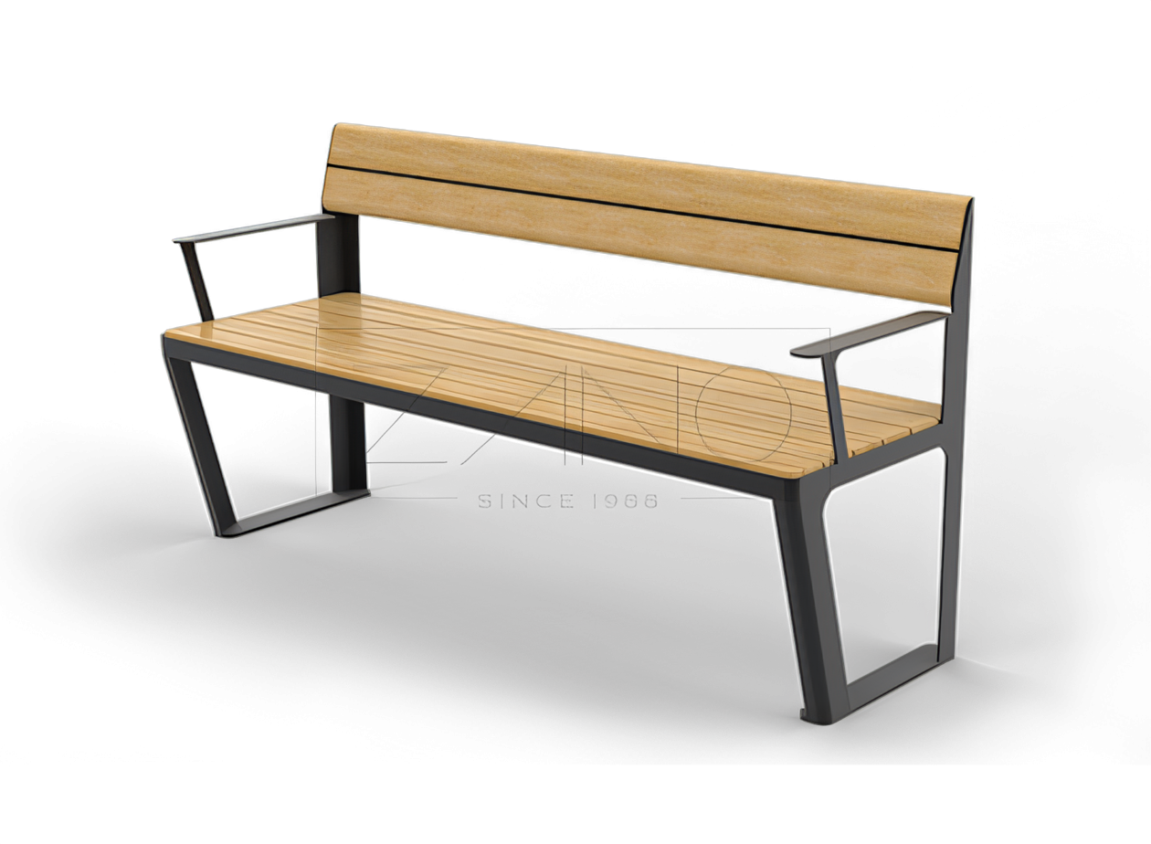 Penkki Scandik 02.046.1 Kaupunkipenkki, jossa on selkänoja ja käsinojat hiiliterästä ja puuta