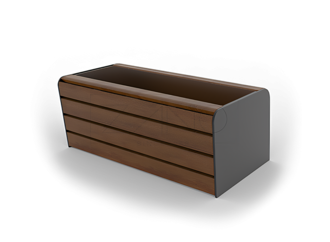 Pehmeä ruukku 06.012.1.M hiiliteräs, kuusipuu Pitkulainen kaupunkipuuastia hiiliterästä ja puuta