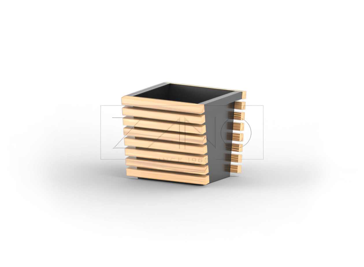 Moderni kasviastia mustasta teräksestä ja puuelementeistä Moderni kasviastia mustasta teräksestä ja puuelementeistä