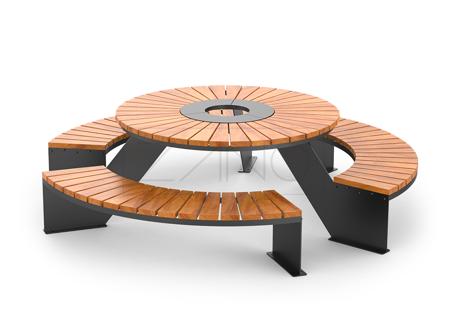 Puistopöytä kolmella integroidulla penkillä, jotka on valmistettu rakenneteräksestä, maalatusta ja eksoottisesta puusta.